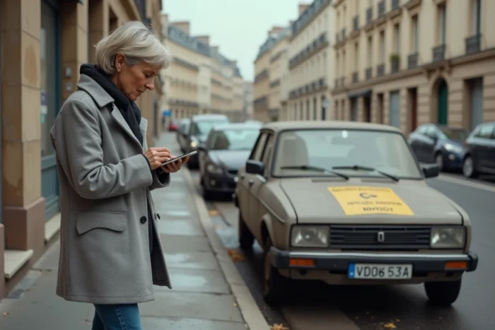 Une femme signalant une voiture ventouse sur un trottoir urbain en notant des informations sur son smartphone