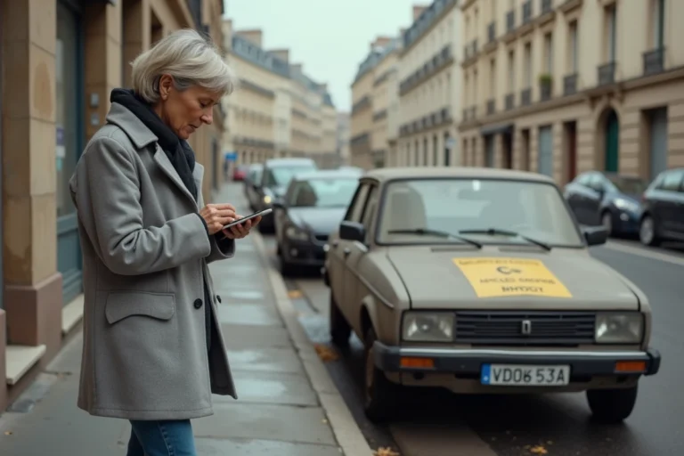 Une femme signalant une voiture ventouse sur un trottoir urbain en notant des informations sur son smartphone