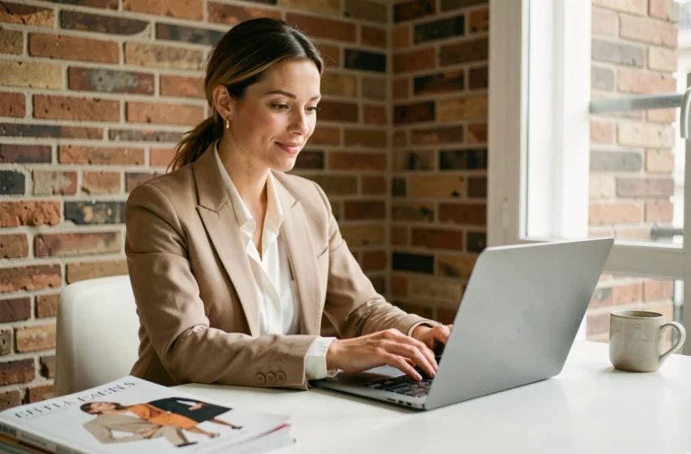 Femme élégante en blazer beige parcourant les dernières tendances mode sur un ordinateur portable dans un appartement parisien moderne