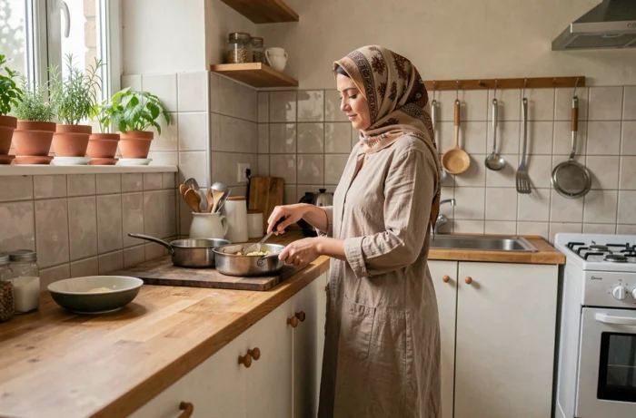 Jeune femme voilée cuisinant seule dans son appartement studio en toute autonomie