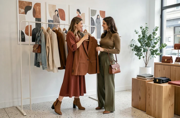 Deux femmes stylées découvrant les nouvelles collections dans une boutique de mode éphémère aux accents minimalistes