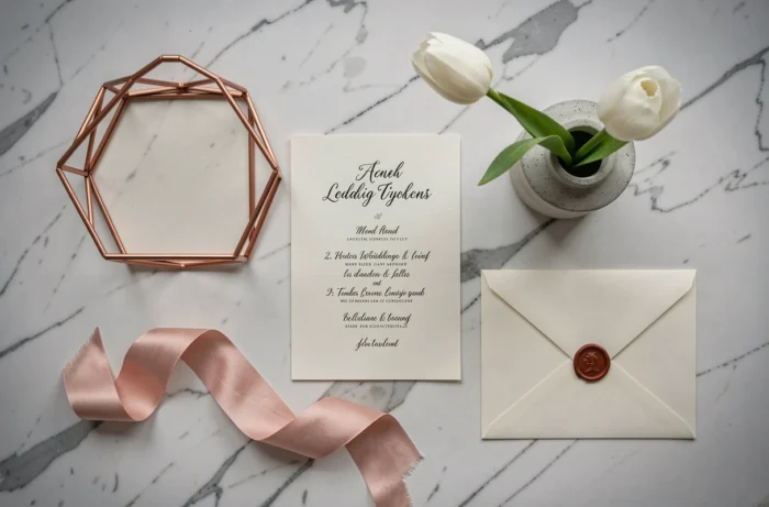 Flat lay de décoration de mariage minimaliste avec cadre en cuivre, carte menu calligraphiée et ruban en soie sur marbre blanc