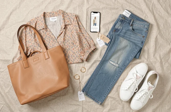 Flat lay de vêtements et accessoires tendance représentant des alternatives abordables à Shein pour le shopping en ligne
