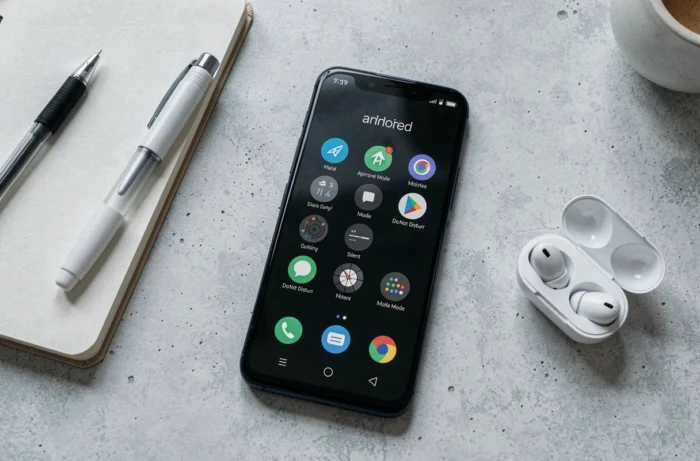 Vue aérienne d'un smartphone Android affichant les icônes mode avion, ne pas déranger et silencieux sur un bureau minimaliste