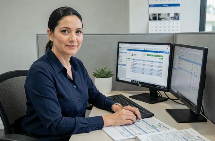 Femme gestionnaire de paie assise à son bureau d'entreprise devant un logiciel de gestion salariale