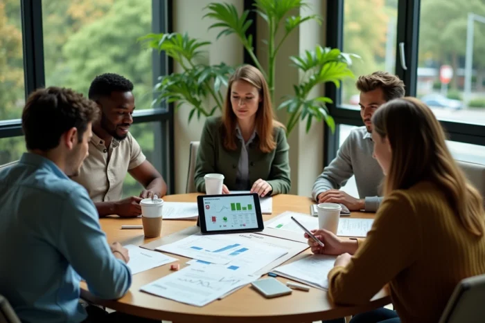 Groupe de professionnels analysant des ETF éco-responsables autour d'une table de réunion dans un bureau certifié environnemental