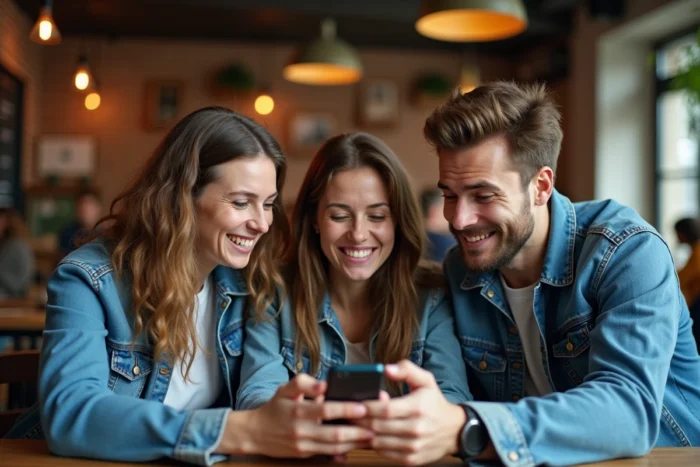Groupe de jeunes adultes dans un café réagissant ensemble à un contenu viral sur smartphone