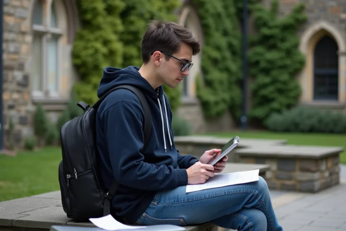 Étudiant consultant un guide de configuration de la messagerie académique de Toulouse sur tablette dans une cour universitaire