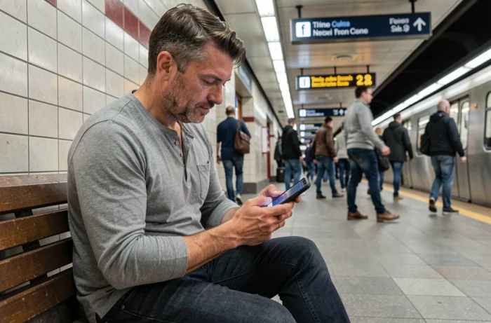 Homme consultant les actualités du jour sur son smartphone dans le métro en tant que navetteur urbain