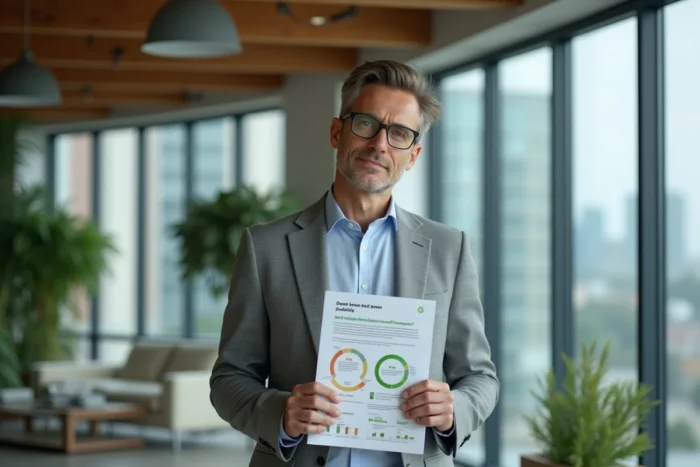 Homme d'affaires tenant un document sur les critères ESG devant une façade vitrée dans un espace de coworking éco-responsable