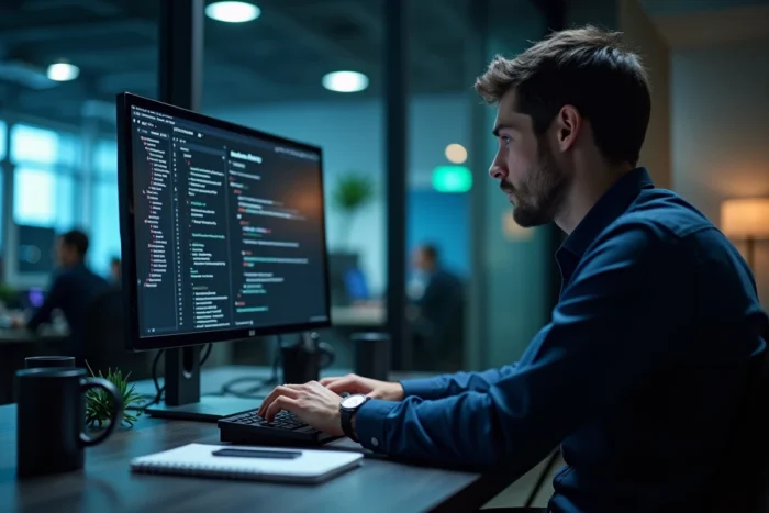 Homme en environnement de bureau moderne gérant l'authentification à deux facteurs pour protéger son compte contre le piratage