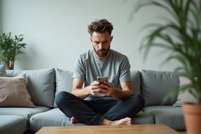 Homme intrigué consultant son téléphone sur un canapé face à un phénomène viral sur internet