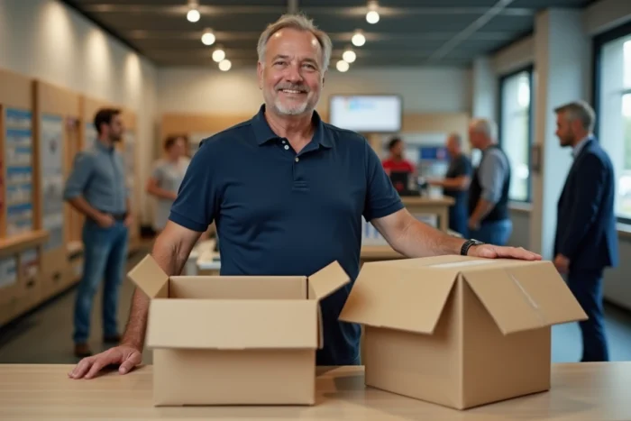 Homme comparant deux tailles de cartons au comptoir d'un bureau de poste pour choisir le bon emballage