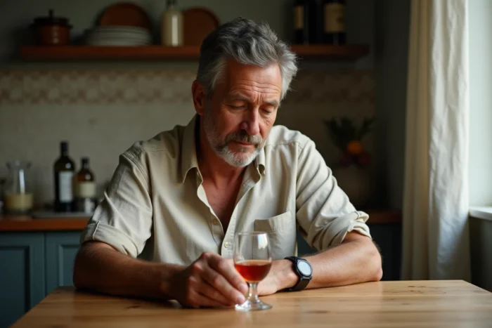 Homme d'âge moyen tenant un verre de pastis dans une cuisine française, illustrant la consommation d'alcool anisé et ses effets sur la santé