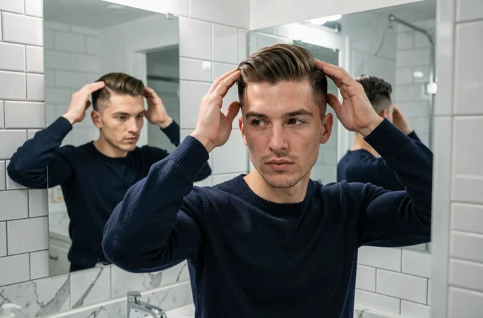 Homme inspectant sa coupe couronne dans un miroir de salle de bain, vue de face