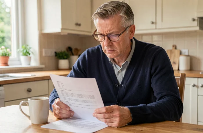 Homme mature relisant attentivement un contrat de crédit à la table de sa cuisine avec un stylo