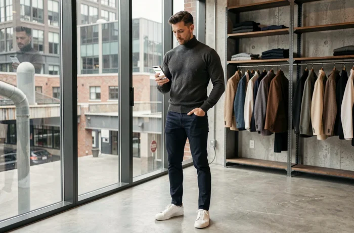 Homme tendance en pull col roulé anthracite consultant une application de mode sur smartphone dans un loft urbain contemporain