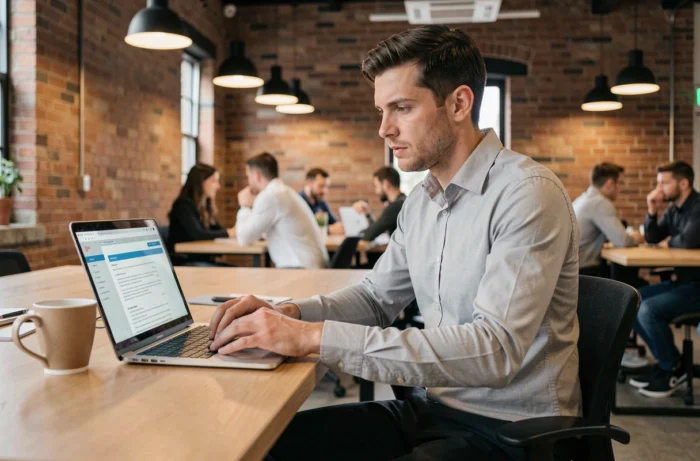Jeune homme optimisant son CV sur ordinateur portable dans un espace de coworking moderne