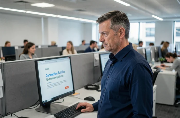 Homme en bureau professionnel consultant une erreur de connexion sur sa messagerie email depuis un ordinateur de bureau
