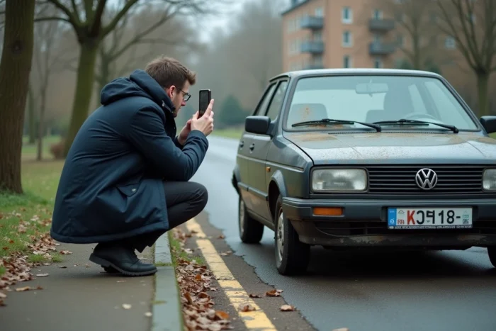 Un homme photographiant la vignette expirée d'une voiture abandonnée dans un parking résidentiel