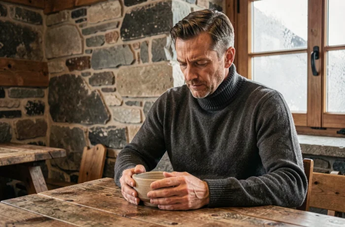 Homme en pull col roulé cachemire gris anthracite assis dans un chalet de montagne, illustration du luxe et de la chaleur du cachemire en hiver