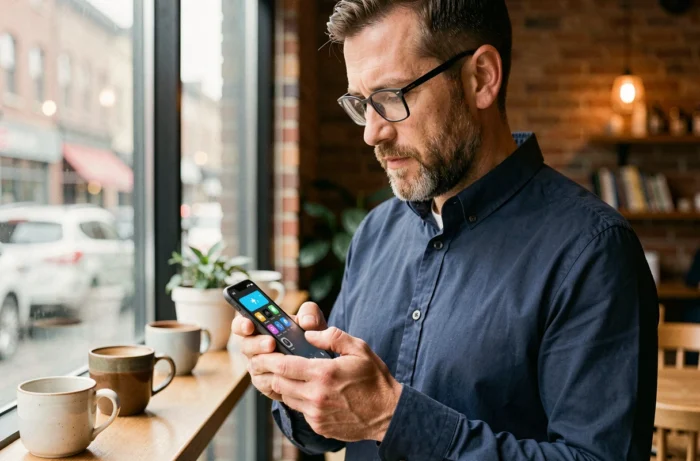 Homme utilisant le panneau de réglages rapides Android dans un café pour activer le mode silencieux ou ne pas déranger
