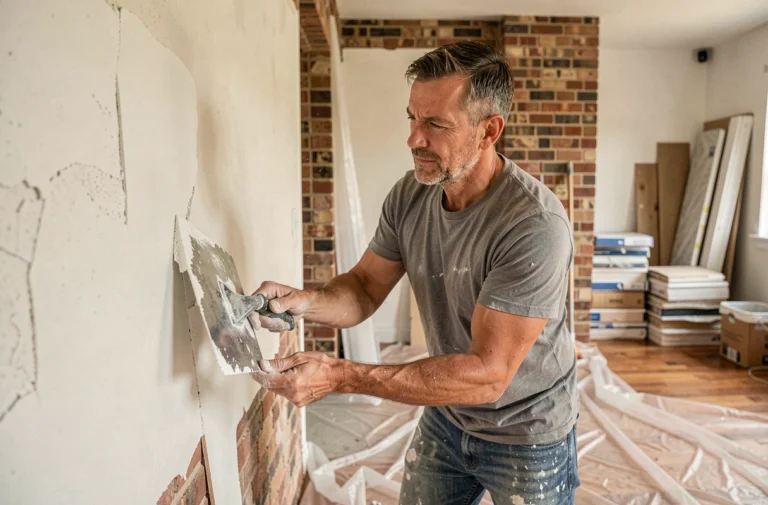 Homme appliquant de l'enduit sur un mur en cours de rénovation dans un salon