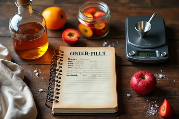 Mise en scène des ingrédients pour fabriquer une liqueur maison avec une bouteille d'alcool à 90 degrés, fruits et cahier de recettes