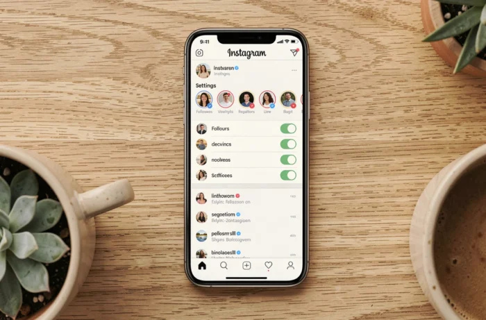 Vue en plongée d'un smartphone affichant l'interface des demandes d'abonnement Instagram sur une table en bois