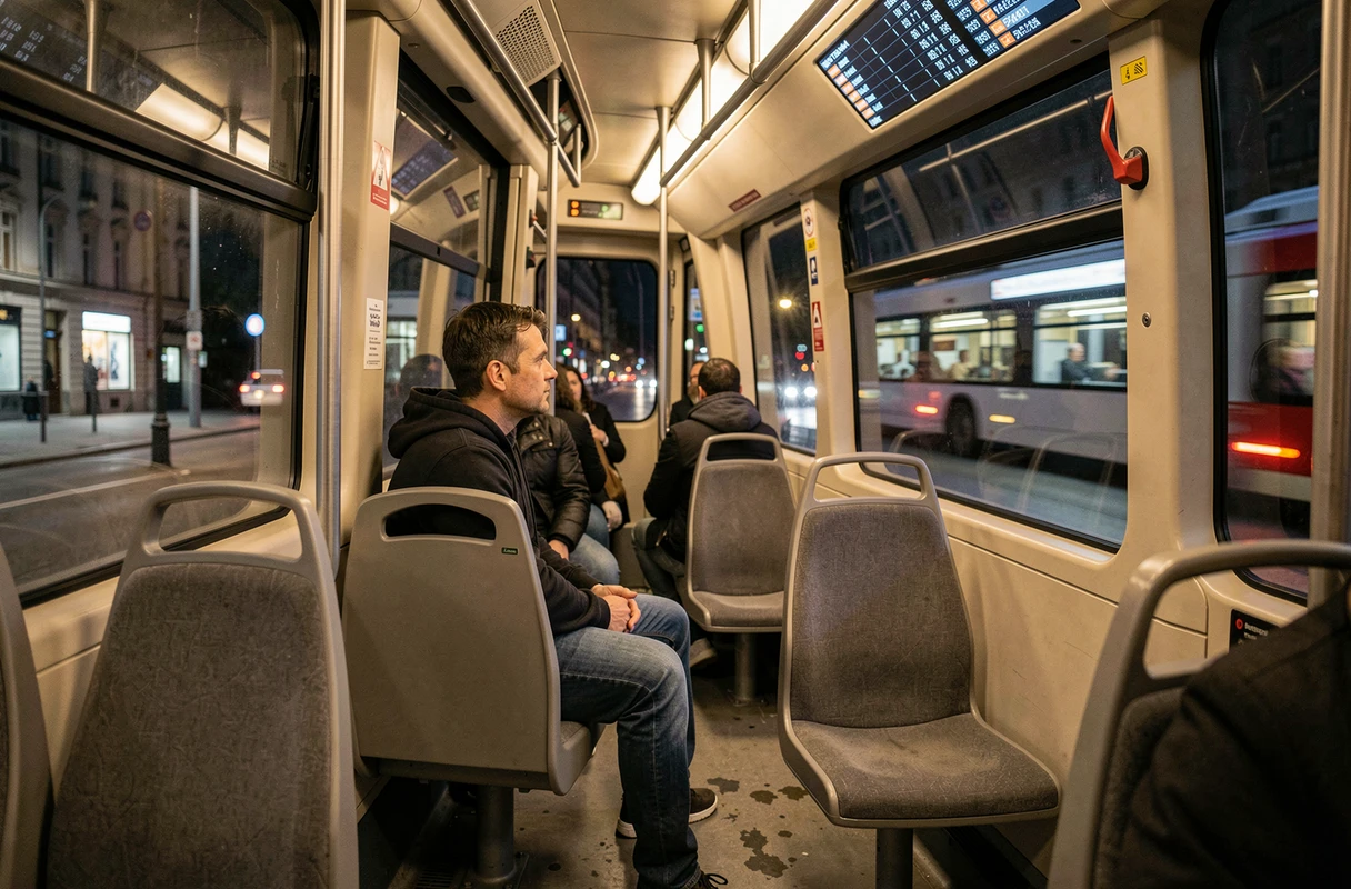 Intérieur du tram de Bordeaux en service de nuit avec passager regardant le tableau des horaires