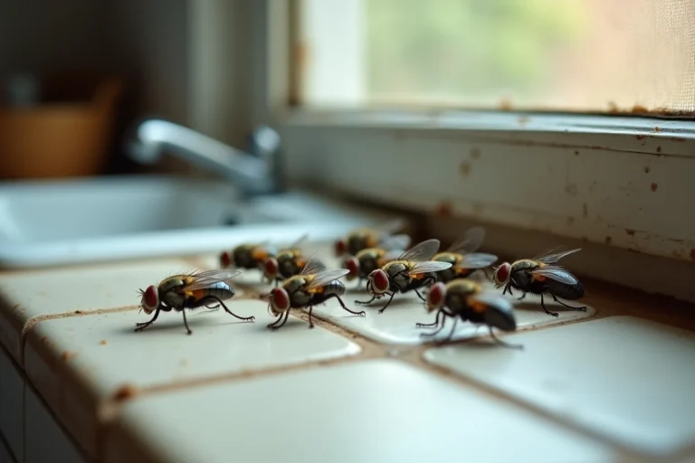 Invasion de mouches domestiques sur le rebord d'une fenêtre de cuisine, gros plan macro sur les ailes et les yeux composés des insectes