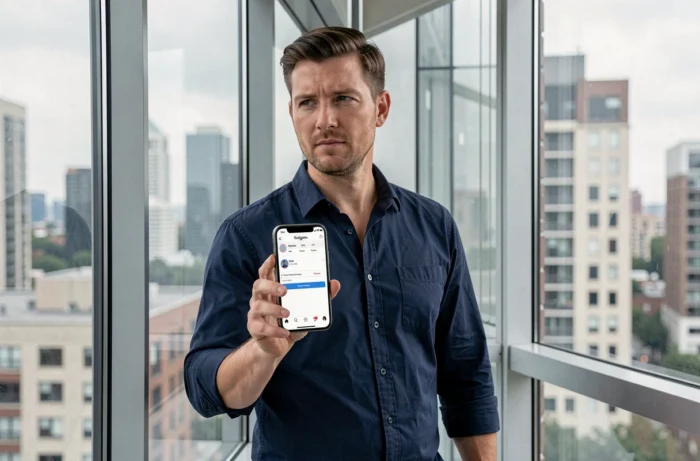 Homme vérifiant les invitations envoyées sur Instagram sur son téléphone près d'une fenêtre urbaine