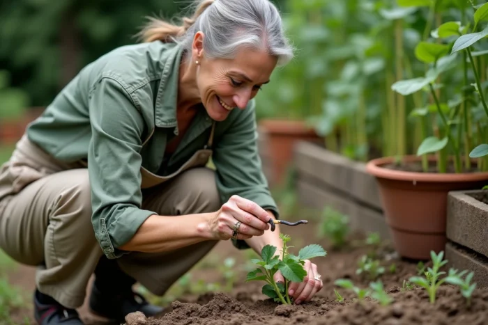 Jardinière identifiant une crotte de couleuvre dans un potager, observation des déjections de serpent utile au jardin