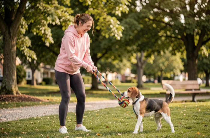 Femme jouant avec son beagle dans un parc verdoyant, activité physique quotidienne pour chien