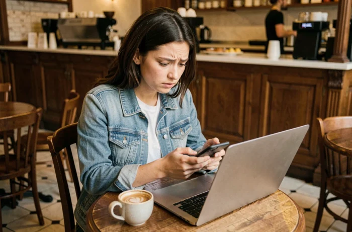 Jeune femme dans un café tentant de récupérer ses emails via son smartphone après une panne de webmail