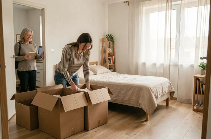 Jeune femme emménageant dans une chambre en cohabitation gratuite avec la propriétaire à la porte