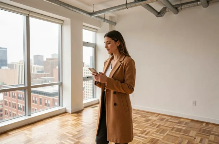 Jeune femme visitant un appartement vide avec vue sur la ville, tenant un smartphone, expression inspirée et déterminée