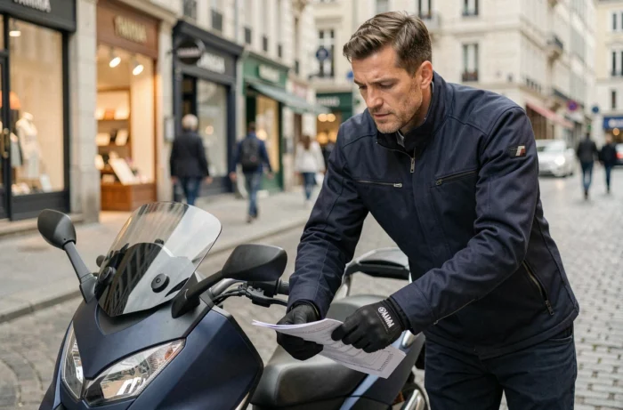 Journaliste moto analysant le tarif du TMAX 750 avec une brochure de prix en concession urbaine