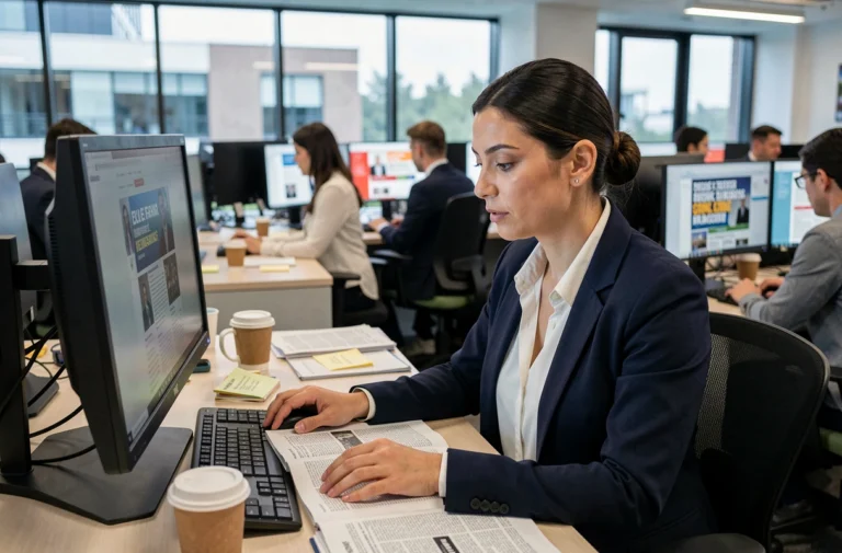 Journaliste femme lisant les dernières actualités sur un écran dans une salle de rédaction moderne