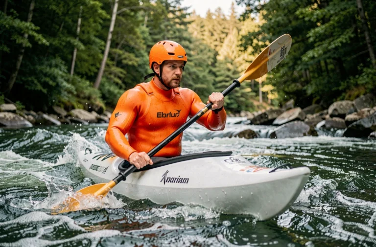 Homme en kayak sur des rapides en forêt portant une combinaison orange, sport nautique en plein air