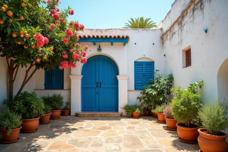 Maison traditionnelle marocaine avec jardin fleuri à Essaouira, murs blanchis à la chaux et volets bleus, atmosphère authentique