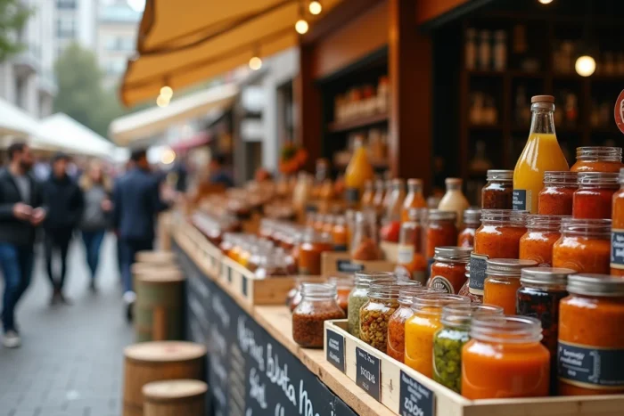 Étal de marché gourmand urbain avec produits artisanaux tendance, bocaux fermentés et charcuterie locale