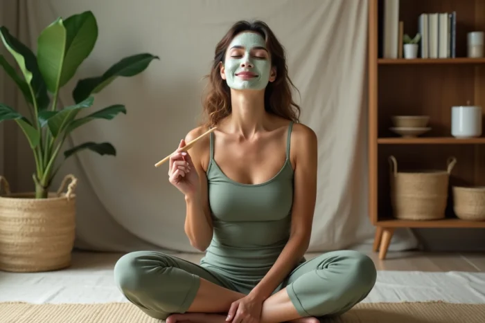 Femme mature appliquant un masque beauté visage dans un salon zen et naturel lors d'un moment de détente