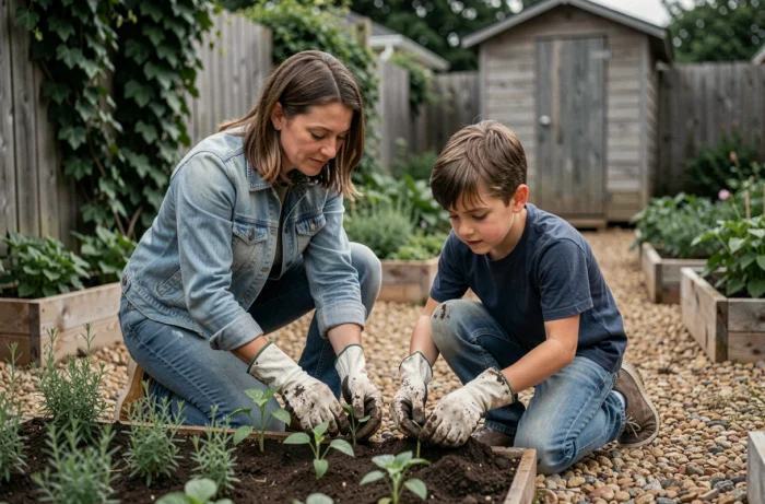 Mère et fils jardinent ensemble dans un potager familial avec des plants de tomates et des herbes aromatiques