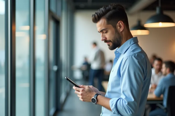 Homme configurant un compte de messagerie universitaire Toulouse sur iPhone dans un espace de travail moderne