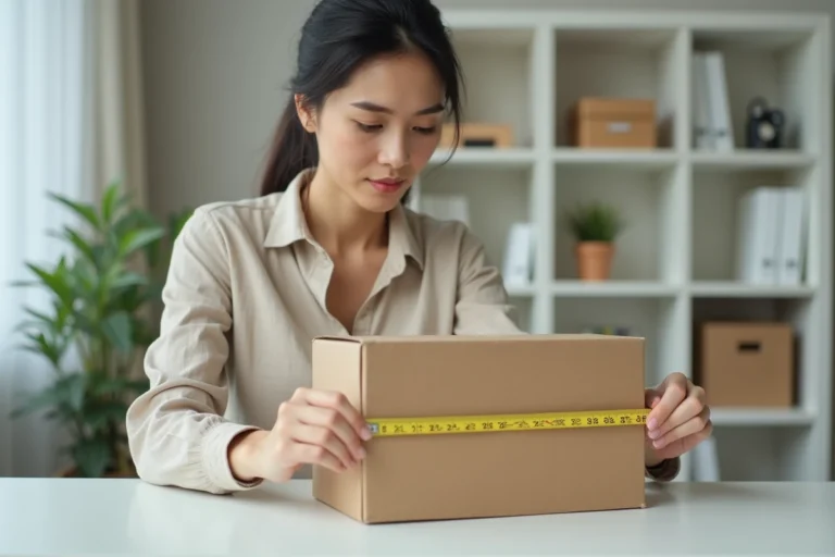 Femme mesurant les dimensions d'un colis Colissimo avec un mètre ruban sur un bureau