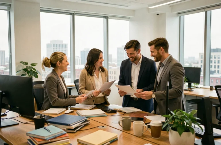 Groupe de professionnels de bureau souriants travaillant ensemble dans un open space moderne avec de grandes fenêtres