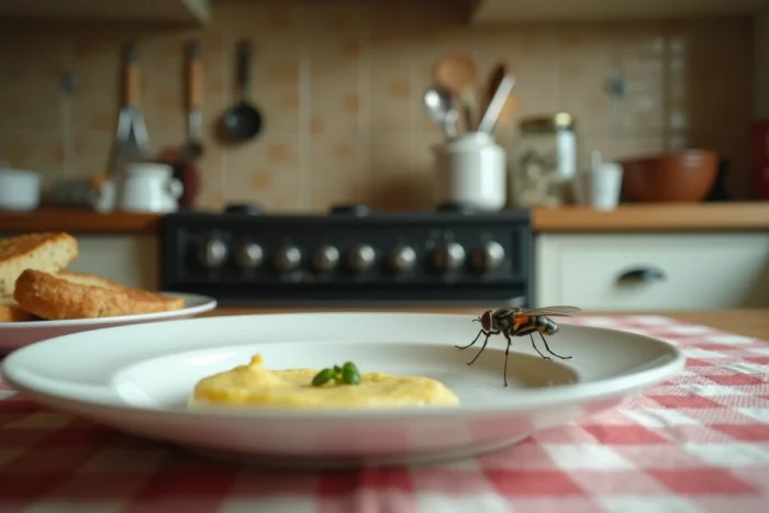Mouche posée sur une assiette de nourriture laissée sur une table de cuisine, symbolisant les risques sanitaires d'une infestation de mouches