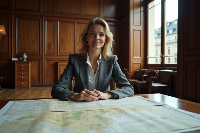 Notaire française examinant des documents cadastraux et actes de propriété foncière dans un bureau parisien illustrant la détention juridique du patrimoine immobilier en France