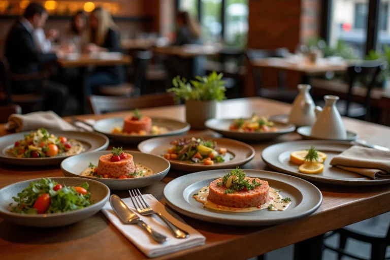 Assortiment de petits plats gastronomiques tendance sur une table en bois dans un bistro parisien contemporain